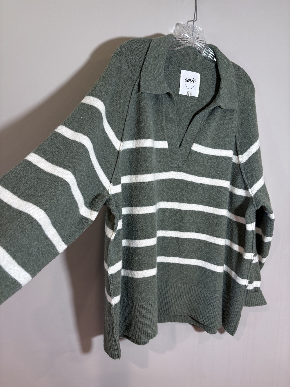 Aerie unREAL Striped Polo Oversized Sweater in Olive Size XXS - Picture 5 of 8